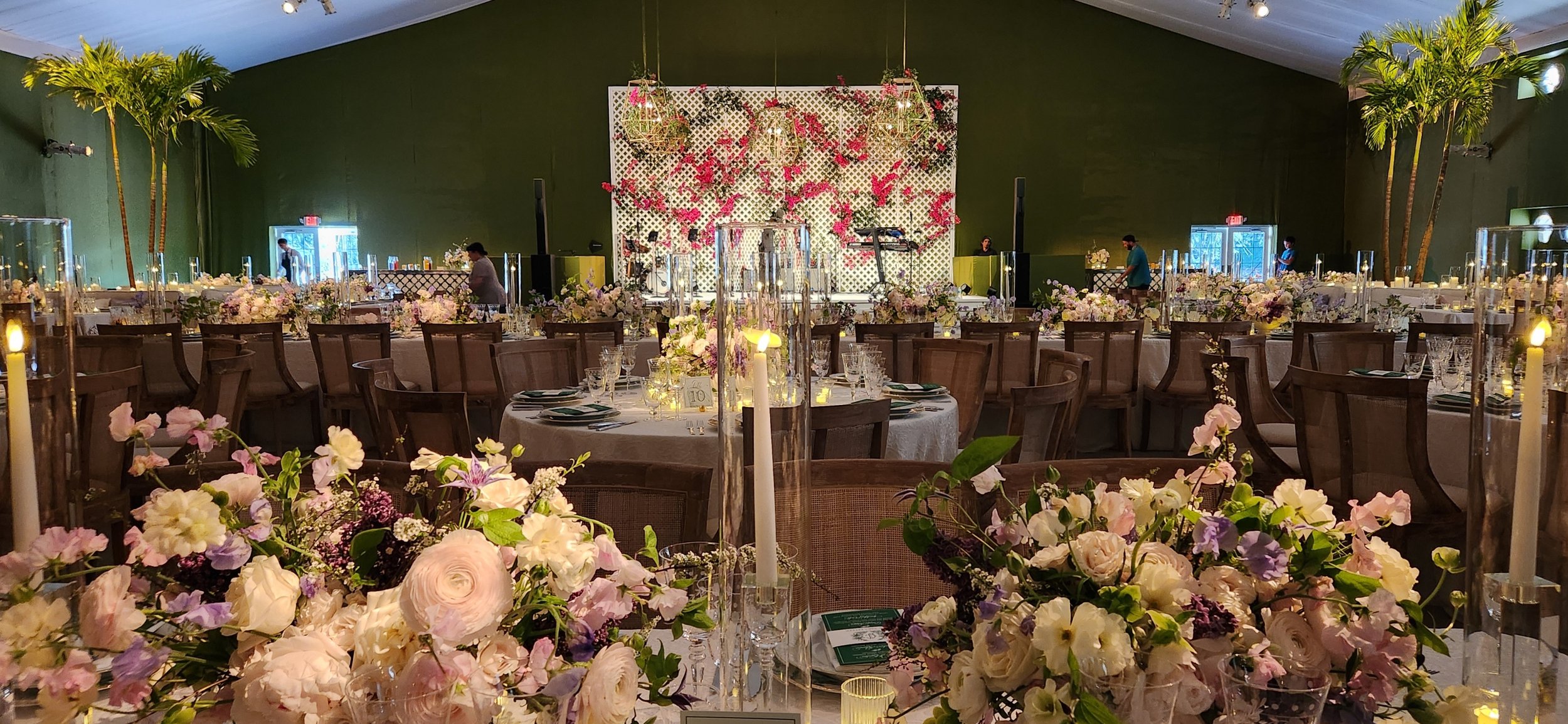 Elegant banquet hall decorated for a wedding reception