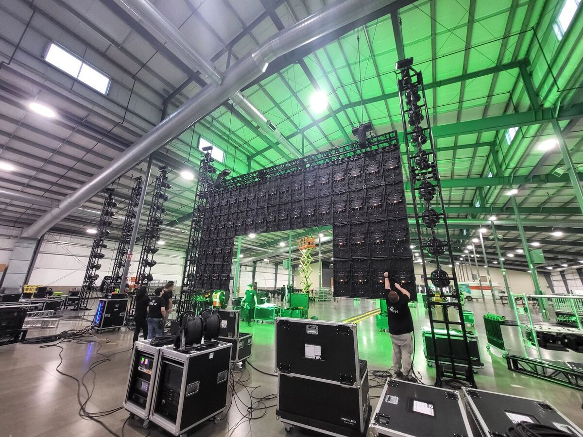 Green-lit stage rigging and scaffolding