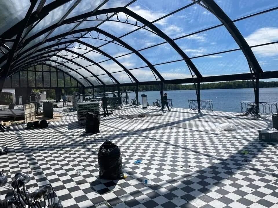 Geodesic dome with checkered dance floor