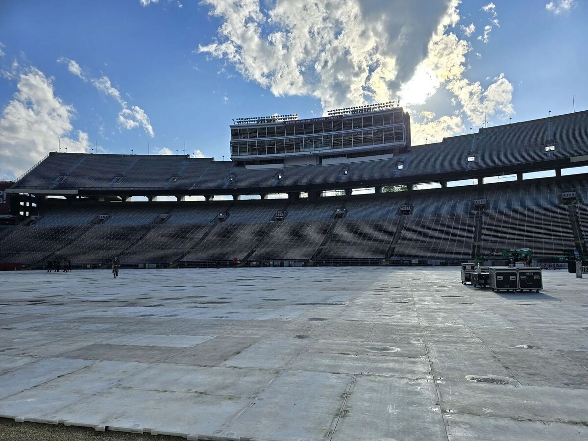 Empty stadium bleachers before an event